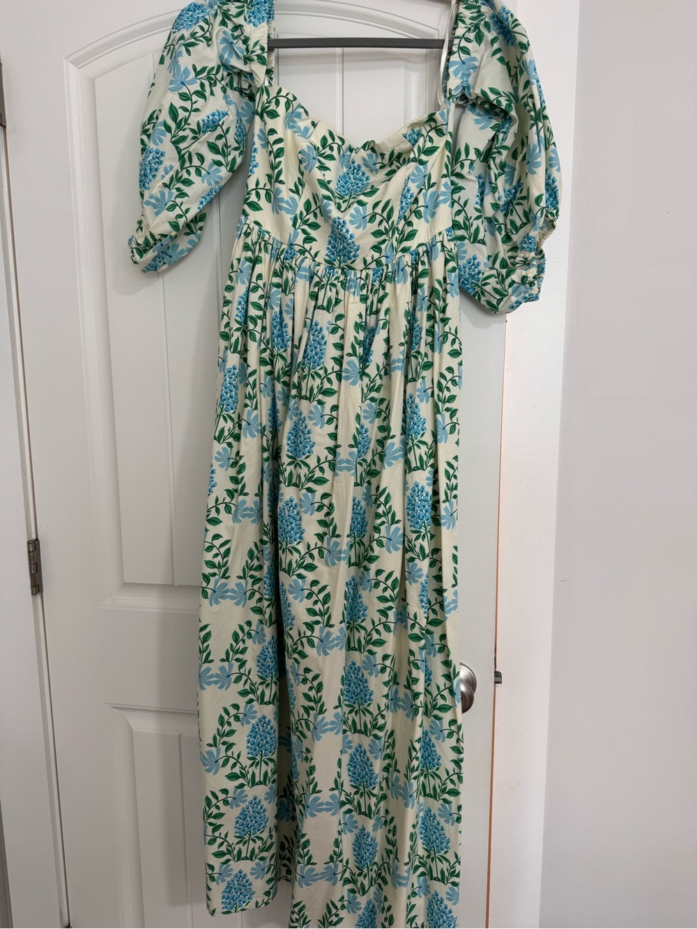 Cream Dress with Blue Hydrangeas